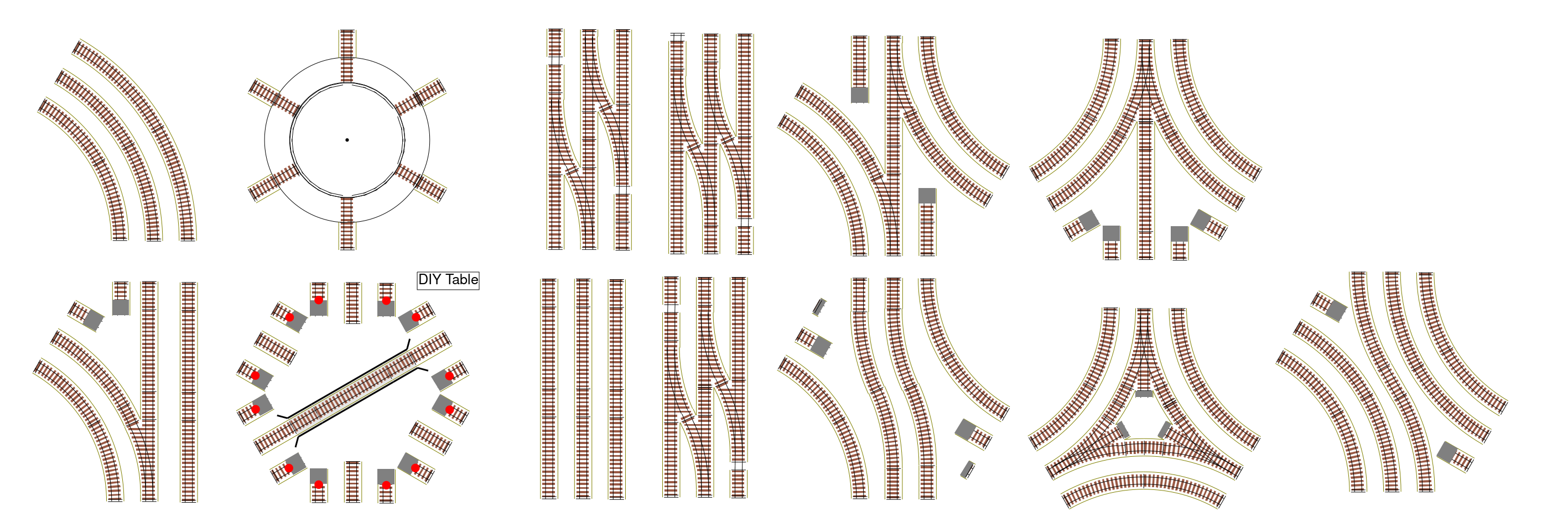 A number of diagrams of hexagonal track layouts.