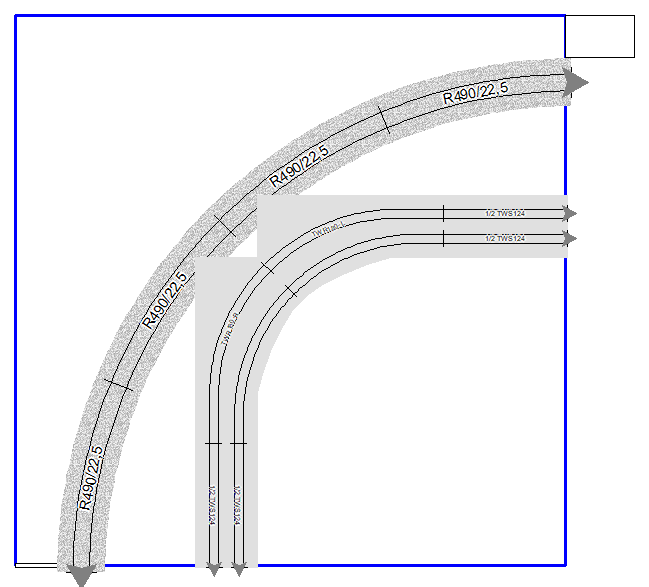 A track plan showing a LUCK corner with Unitram. The two tracks foul each other.